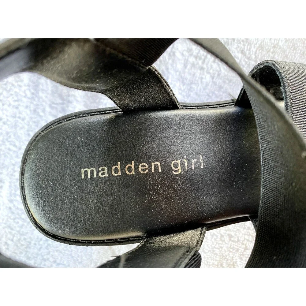 Madden Girl G-Spell Womens Sz 9M Black Open Toe Stretchy Straps Block Heel Shoes